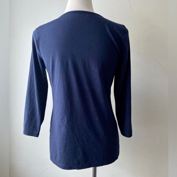 Talbots Embroidered 3/4 Sleeve Top Keyhole Tie Navy Cotton Blend size S - Picture 5 of 11
